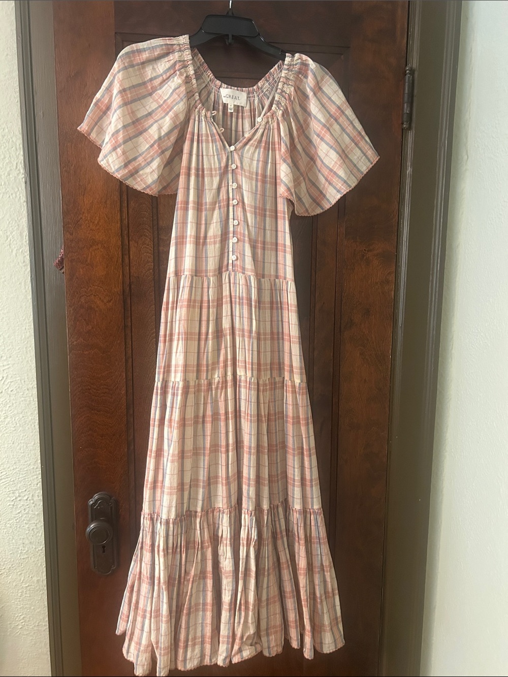 THE GREAT Light Plaid Tiered Maxi Dress with Puff Sleeves